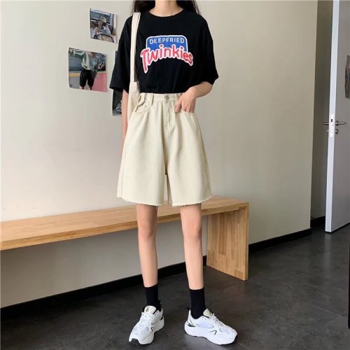 Real shot of summer 2024 new internet celebrity high-waist solid color denim shorts women's trendy ins loose wide-leg pants five-quarter pants