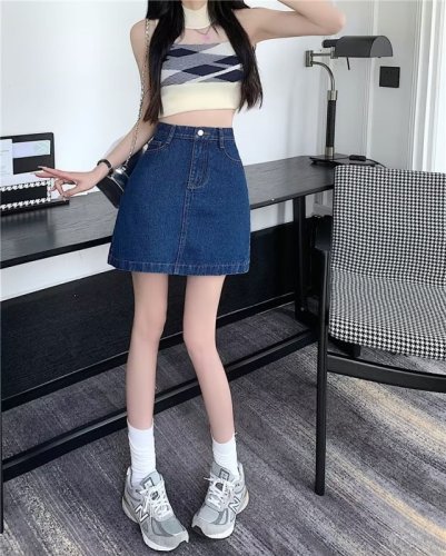 Real shot of temperament Harajuku versatile high-waisted A-line skirt literary short skirt ins new simple solid color trendy women's skirt