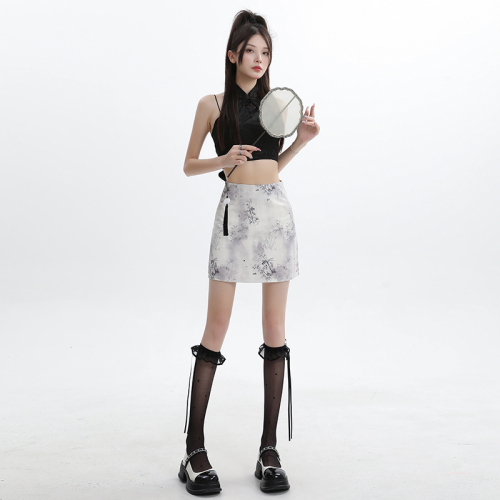 Actual shot of new Chinese-style printed hip-covering skirt for women, new high-waisted slimming Chinese-style A-line short skirt