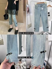 Chinese style Chinese style disc buckle straight jeans for women plus size 2024 spring and summer new style slim and versatile slit cigarette pants