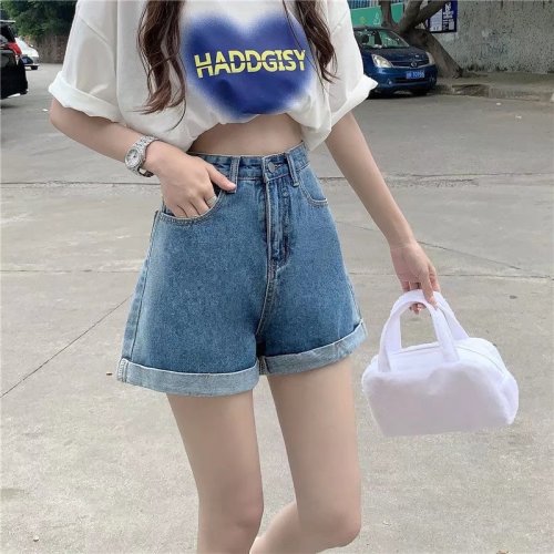 Real shot of high-waisted slimming A-line denim shorts for women summer thin 2024 new loose wide-leg women's hot pants W8971