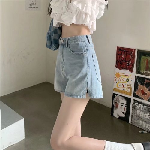 Real shot of summer thin high-waisted denim shorts for women plus size hotties with slits, loose wide legs, A-line hot pants WF06