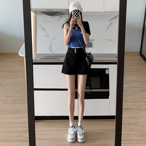 Real shot design niche side slit denim shorts for women summer high-waisted loose A-line hot pants trendy