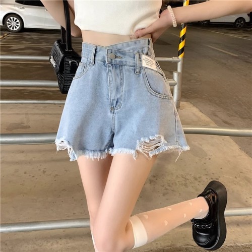 Real shot of ripped wide-leg denim shorts for women in summer, irregular slimming, large size, A-line, high waist, loose hot pants, trendy