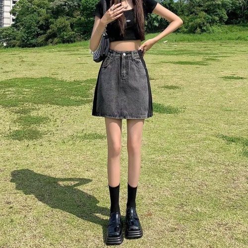 Real shot of large size fat mm smoky gray high-waisted denim short skirt for women in summer retro sweet hot girl slimming A-line skirt WF36