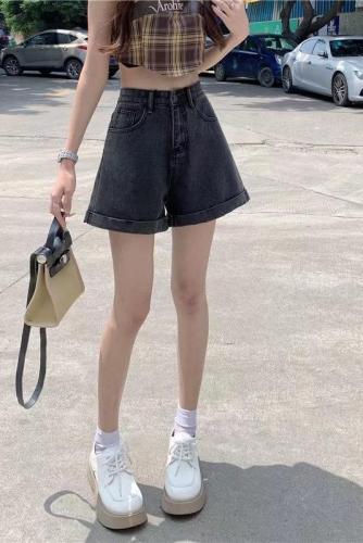 Real shot of high-waisted slimming A-line denim shorts for women, summer thin, versatile, loose, wide-legged, women's hot pants W8971