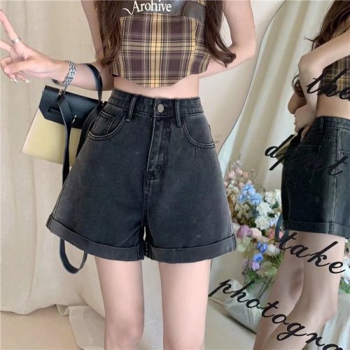 Real shot of high-waisted slimming A-line denim shorts for women, summer thin, versatile, loose, wide-legged, women's hot pants W8971