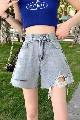 Real shot of ripped wide-leg denim shorts for women 2024 summer new slim high-waisted large size loose A-line hot pants