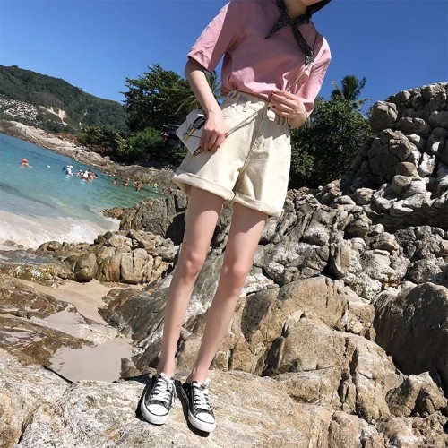 Real shot of high-waisted denim shorts for women, five-point summer loose wide-legged Korean style plus size fat mm slimming A-line hot pants