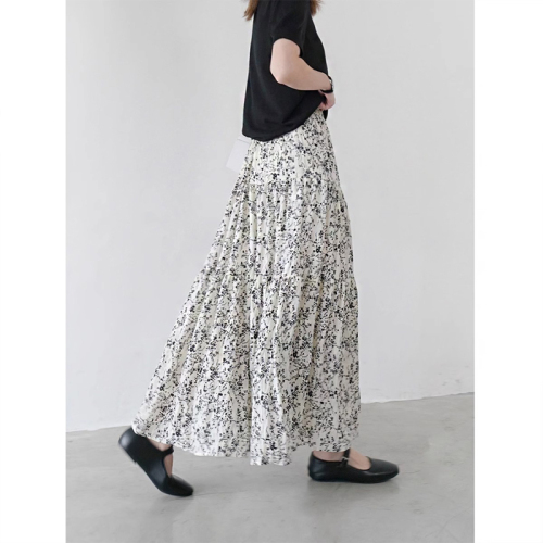Lined French floral skirt A-line large hem umbrella skirt for women summer retro high-waist drape slim pleated skirt