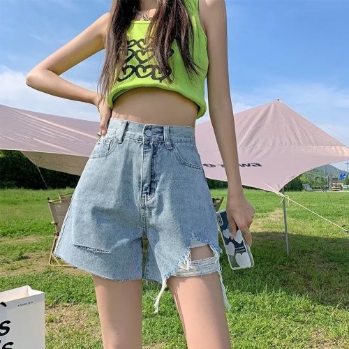 Real shot 2024 summer ripped denim shorts for women high waist loose wide legs ins large size A line hot pants trendy W8981