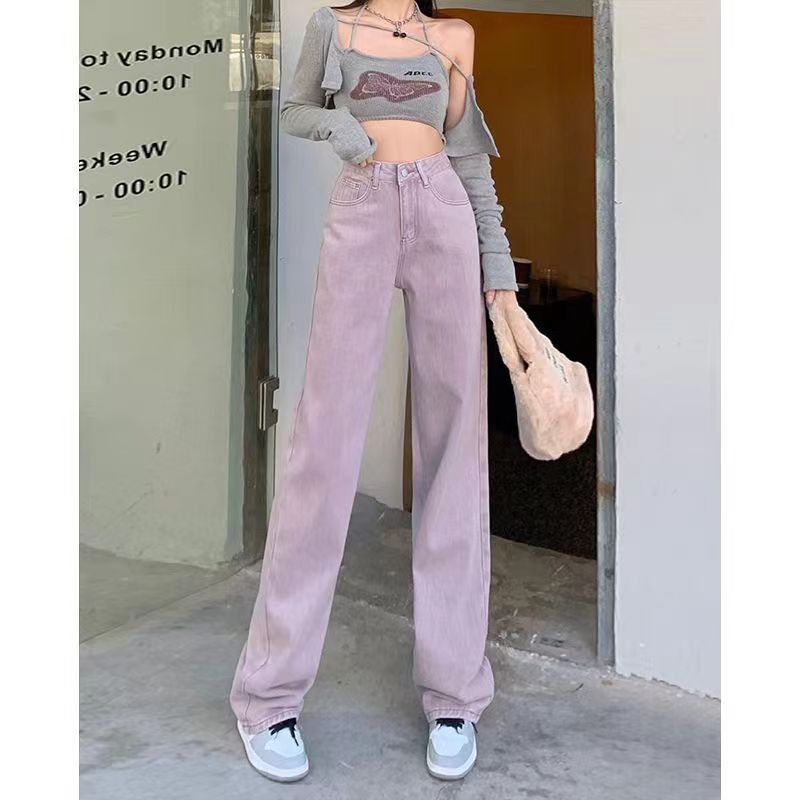 Purple wide-leg women's high-waisted spring new loose slimming versatile straight-leg floor-length pants trendy ins
