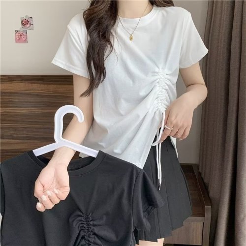 Real shot of large size fat mm loose and slim design tops for women summer wear new style lace-up T-shirt ZT114