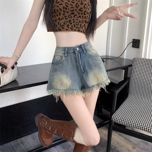 Raw edge niche design denim shorts, high-waisted women's summer thin style Internet celebrity street hot girl A-line wide-leg hot pants