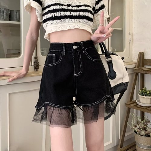 Real shot of large size fat mm high-waisted wide-leg denim shorts for hot girls in summer, lace a-line slimming hot pants WF71