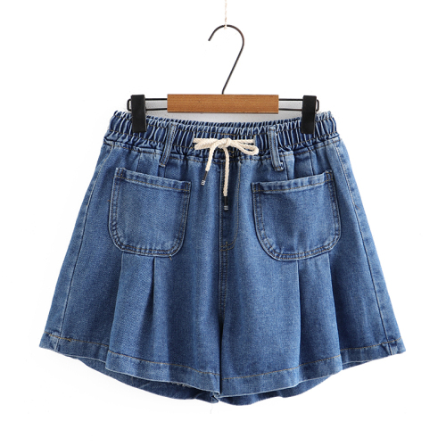 Plus size fashionable five-quarter pants for women with fat mm elastic waist drawstring double pockets pleated A-line blue denim wide-leg shorts