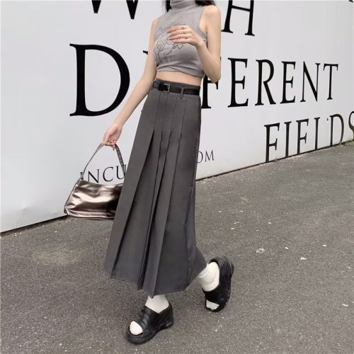 Actual shot of large size Japanese style lazy mid-length skirt, trendy and fashionable ins solid color versatile artistic skirt, simple temperament
