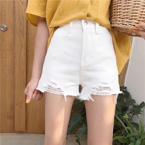 Real shot of high-waisted denim shorts for women in summer, Korean style, versatile, large size, fat mm, loose, wide-legged, ripped, a-line hot pants