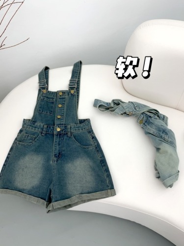 Small denim overalls for women 2024 spring and summer new style single-breasted waist-cinching hem design wide-leg shorts