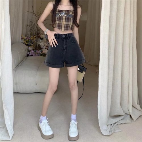 Real shot of high-waisted slimming A-line denim shorts for women, summer thin, versatile, loose, wide-legged, women's hot pants W8971