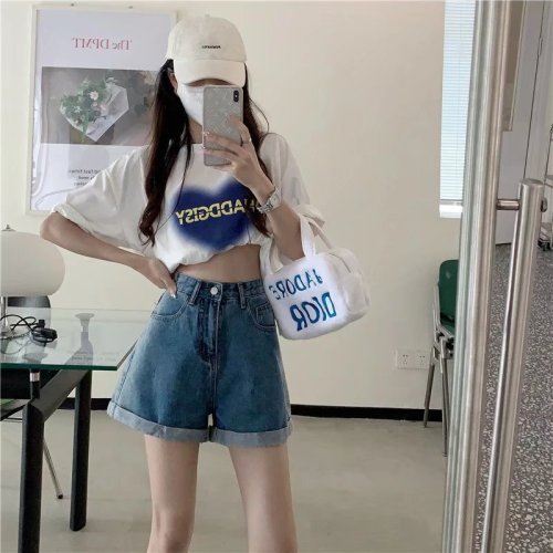 Real shot of high-waisted slimming A-line denim shorts for women summer thin 2024 new loose wide-leg women's hot pants W8971