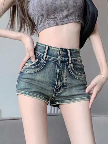 Hot girl high-waist shorts, women's high-end A-line denim shorts, slimming hot pants, niche casual women's pants with design