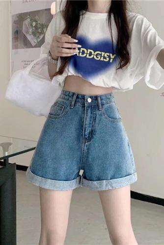 Real shot of high-waisted slimming A-line denim shorts for women summer thin 2024 new loose wide-leg women's hot pants W8971