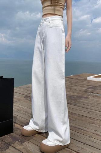Real shot of white straight jeans for women 2024 new high-waisted, loose, slimming, drapey wide-leg pants for small people