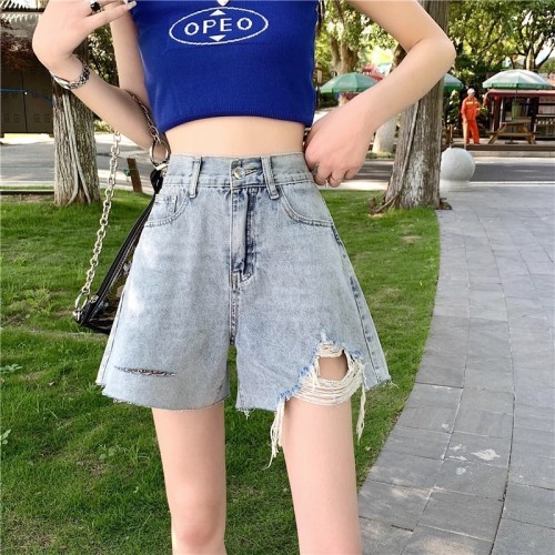 Real shot of ripped wide-leg denim shorts for women 2024 summer new slim high-waisted large size loose A-line hot pants