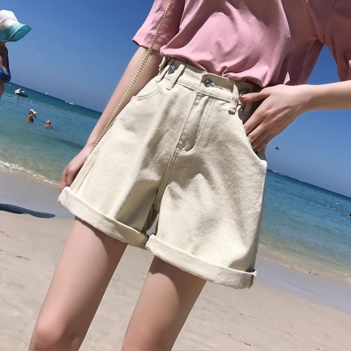 Real shot of high-waisted denim shorts for women, five-point summer loose wide-legged Korean style plus size fat mm slimming A-line hot pants