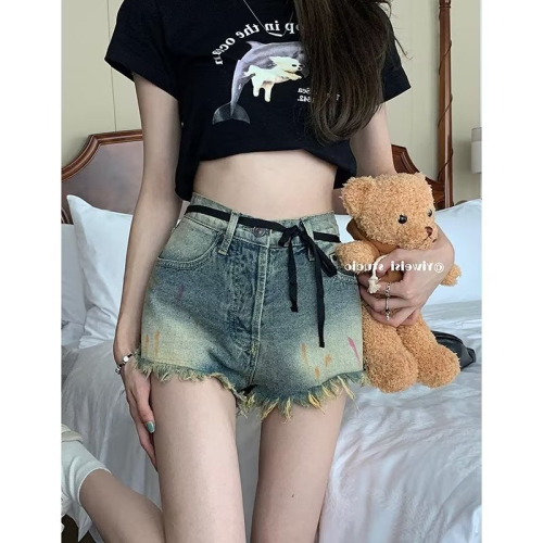 Jeans ins natural waist, versatile, simple and trendy Harajuku women's shorts, new summer wide-leg pants, lazy temperament