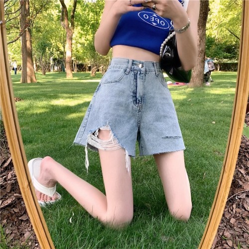 Real shot of ripped wide-leg denim shorts for women 2024 summer new slim high-waisted large size loose A-line hot pants