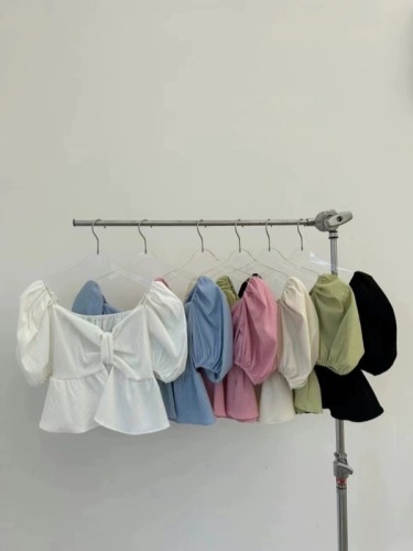 Dongdaemun, South Korea~Niche French style bow puff sleeves sweet one-line collar top shirt