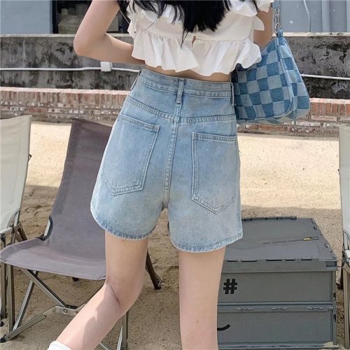 Real shot of summer thin high-waisted denim shorts for women plus size hotties with slits, loose wide legs, A-line hot pants WF06