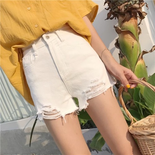 Real shot of high-waisted denim shorts for women in summer, Korean style, versatile, large size, fat mm, loose, wide-legged, ripped, a-line hot pants