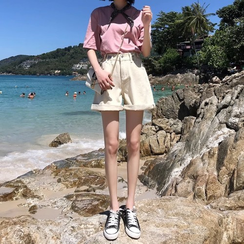 Real shot of high-waisted denim shorts for women, five-point summer loose wide-legged Korean style plus size fat mm slimming A-line hot pants