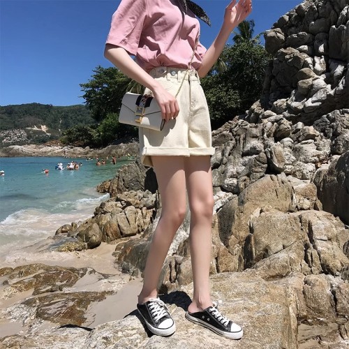 Real shot of high-waisted denim shorts for women, five-point summer loose wide-legged Korean style plus size fat mm slimming A-line hot pants