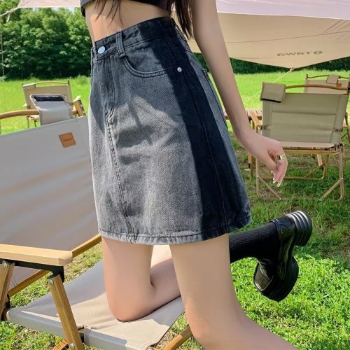 Real shot of large size fat mm smoky gray high-waisted denim short skirt for women in summer retro sweet hot girl slimming A-line skirt WF36