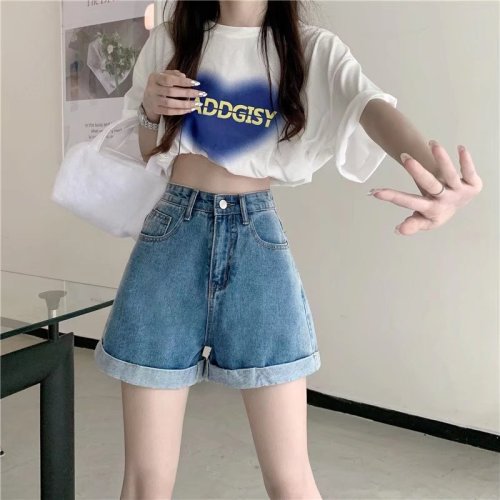 Real shot of high-waisted slimming A-line denim shorts for women summer thin 2024 new loose wide-leg women's hot pants W8971