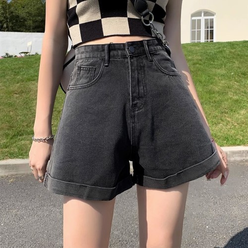 Real shot of gradient color curled denim shorts for women 2024 summer high-waisted loose wide-leg A-line hot pants trendy ins