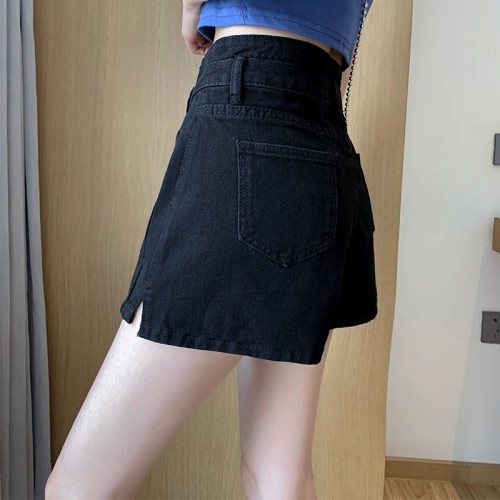 Real shot design niche side slit denim shorts for women summer high-waisted loose A-line hot pants trendy