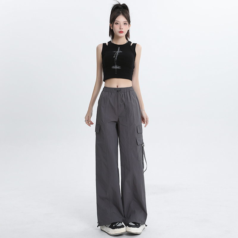 Real shot new style Hong Kong style American work pants women's loose versatile drawstring straight tube wide leg cuffs function sports pants 