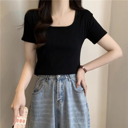 Real shot square neck T-shirt short-sleeved women's new summer short style slim and sweet large size fat MM top trendy
