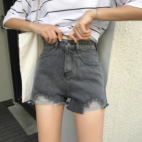 Real shot of high-waisted denim shorts for women in summer, Korean style, versatile, large size, fat mm, loose, wide-legged, ripped, a-line hot pants