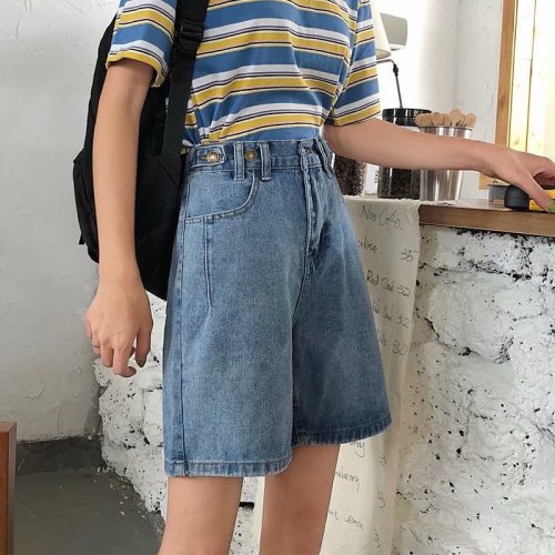 Real shot of summer thin denim shorts for women, loose wide legs, slim and versatile, large size fat MM, Korean style A-line shorts