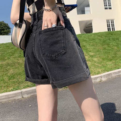 Real shot of gradient color curled denim shorts for women 2024 summer high-waisted loose wide-leg A-line hot pants trendy ins