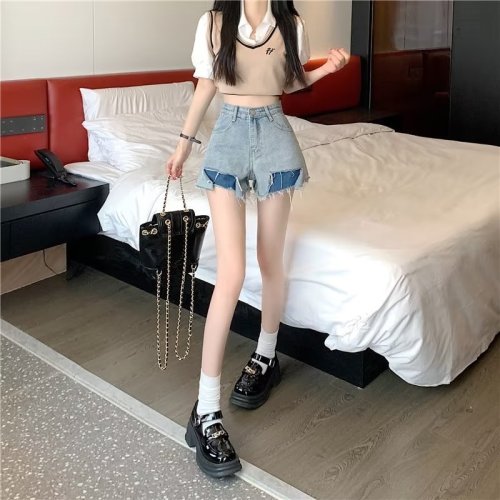 Real shot of large size denim shorts for women summer new high waist slimming wide leg a line hot pants trendy ins summer WF88