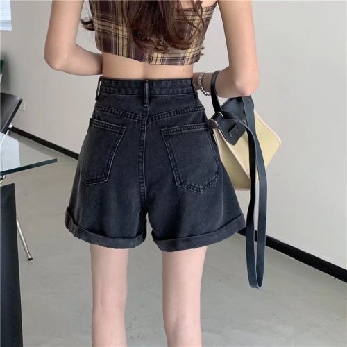 Real shot of high-waisted slimming A-line denim shorts for women, summer thin, versatile, loose, wide-legged, women's hot pants W8971