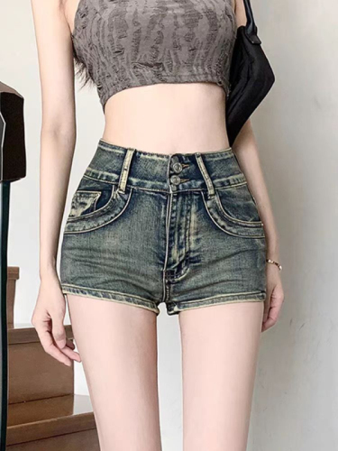 Hot girl high-waist shorts, women's high-end A-line denim shorts, slimming hot pants, niche casual women's pants with design