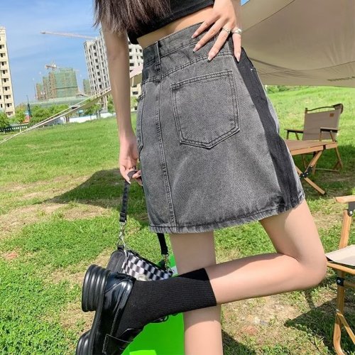 Real shot of large size fat mm smoky gray high-waisted denim short skirt for women in summer retro sweet hot girl slimming A-line skirt WF36